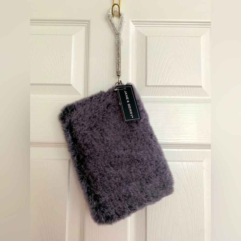 NWT Jane & Berry Faux Fur Wrist Purse: Gray w/White Crystal-Embellished Handle